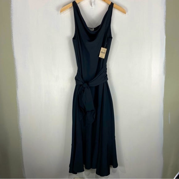 Coldwater Creek Belted Tie Waist Cowl Neck Sleeveless Midi Dress Black 10 (NWT) - Picture 1 of 7
